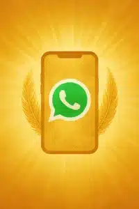 WhatsApp psychic reading with Donna Marie – phone silhouette with green WhatsApp icon and golden feather light